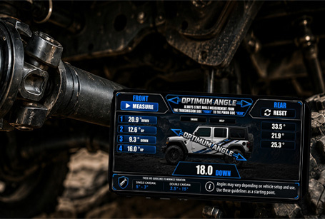 Optimum Angle app displayed near an off-road drivetrain